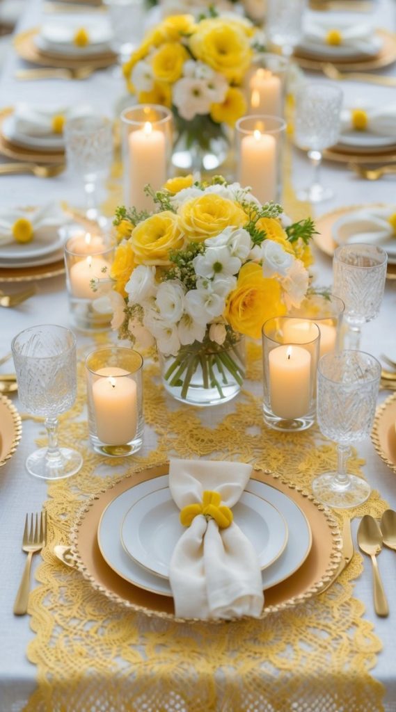 A formal dining table set with gold-rimmed plates, crystal glasses, yellow and white floral centerpieces, candles, and white napkins with yellow accents.