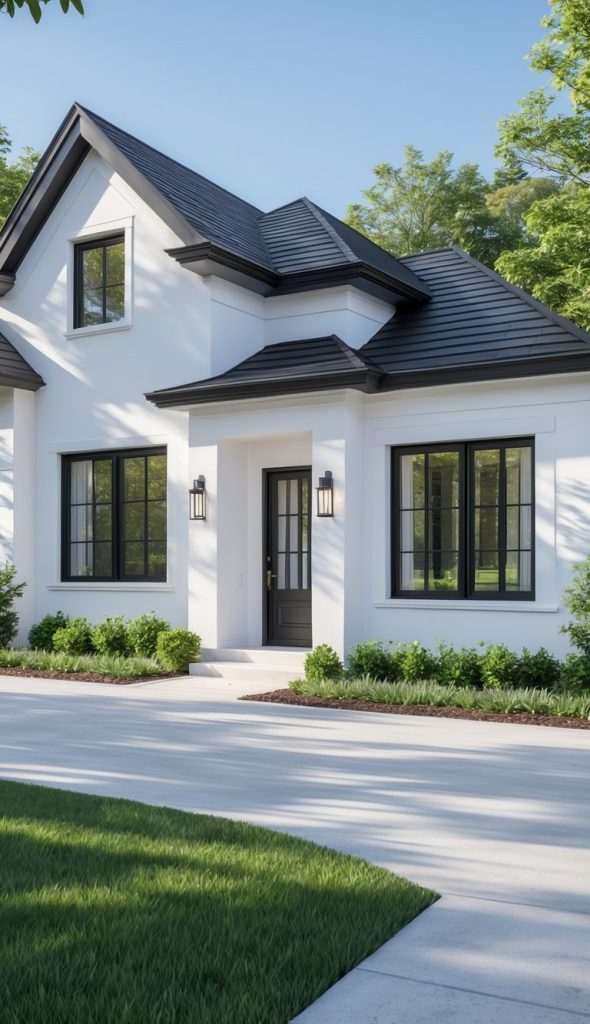 Modern white house with black-framed windows and a black front door, surrounded by green shrubs and a well-kept lawn under a clear blue sky.