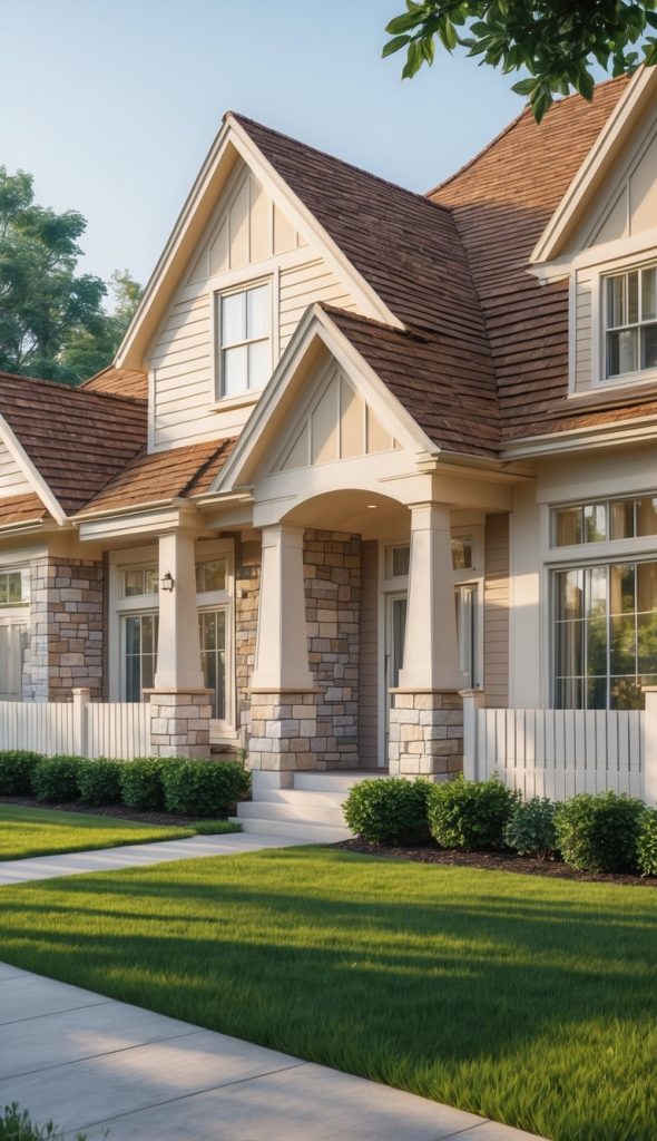 A single-family suburban house with tan siding, stone accents, a brown shingle roof, a covered porch, and neatly trimmed grass and bushes in front.