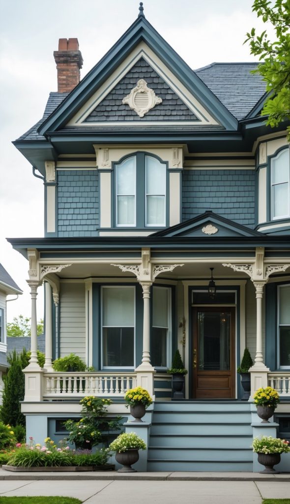 A two-story Victorian-style house with blue siding, white trim, front porch, potted plants, and landscaped garden.