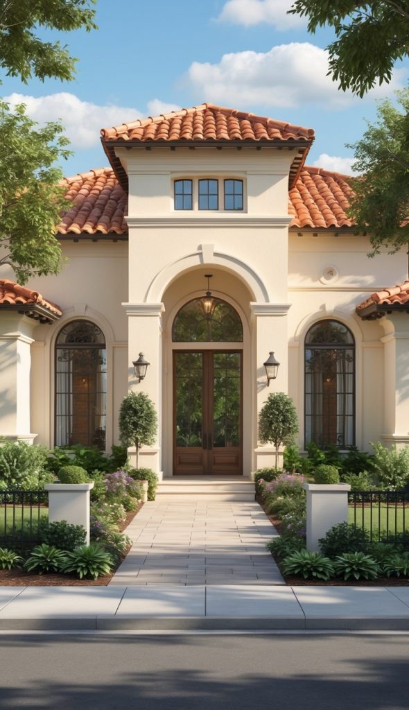 A stucco house with a red tile roof, arched double doors, large windows, and landscaped front yard with bushes and flowers, viewed from the street.