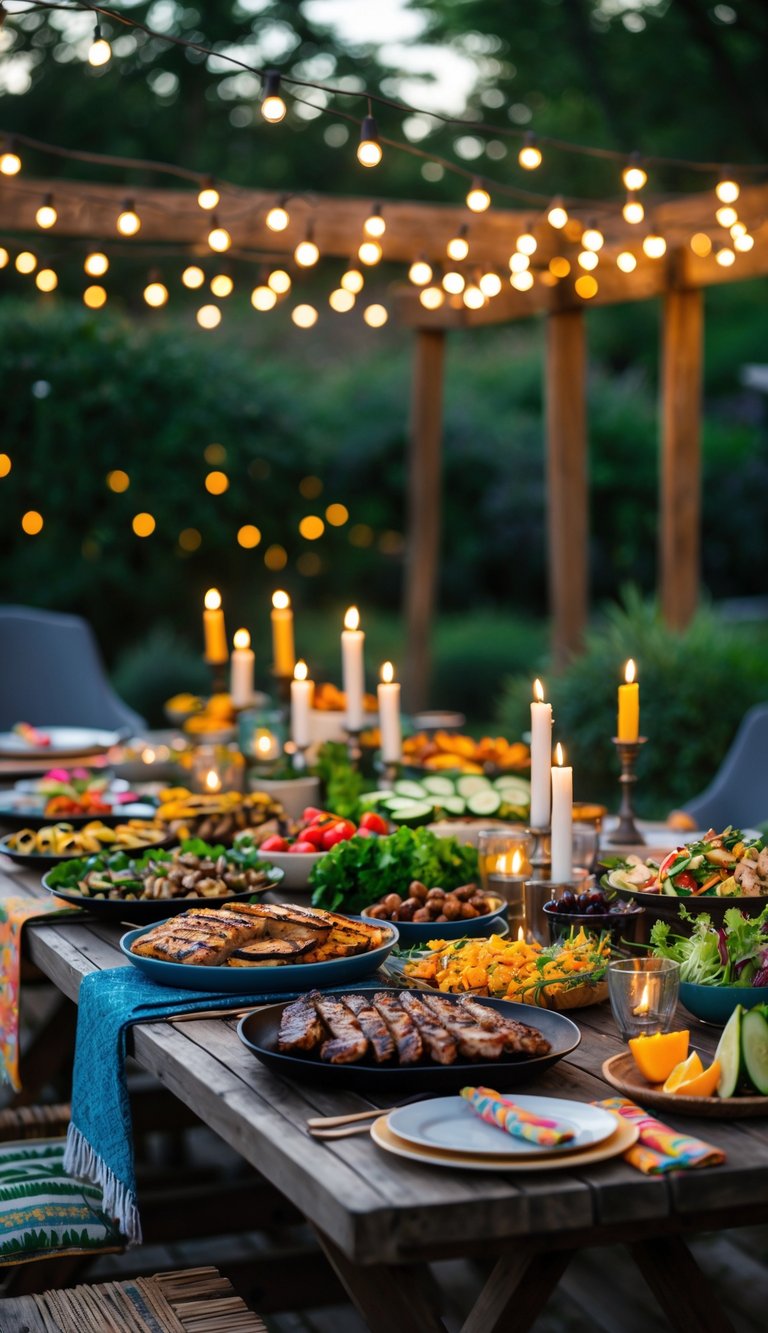 Outdoor BBQ table with food and string lights overhead creating a cozy atmosphere.