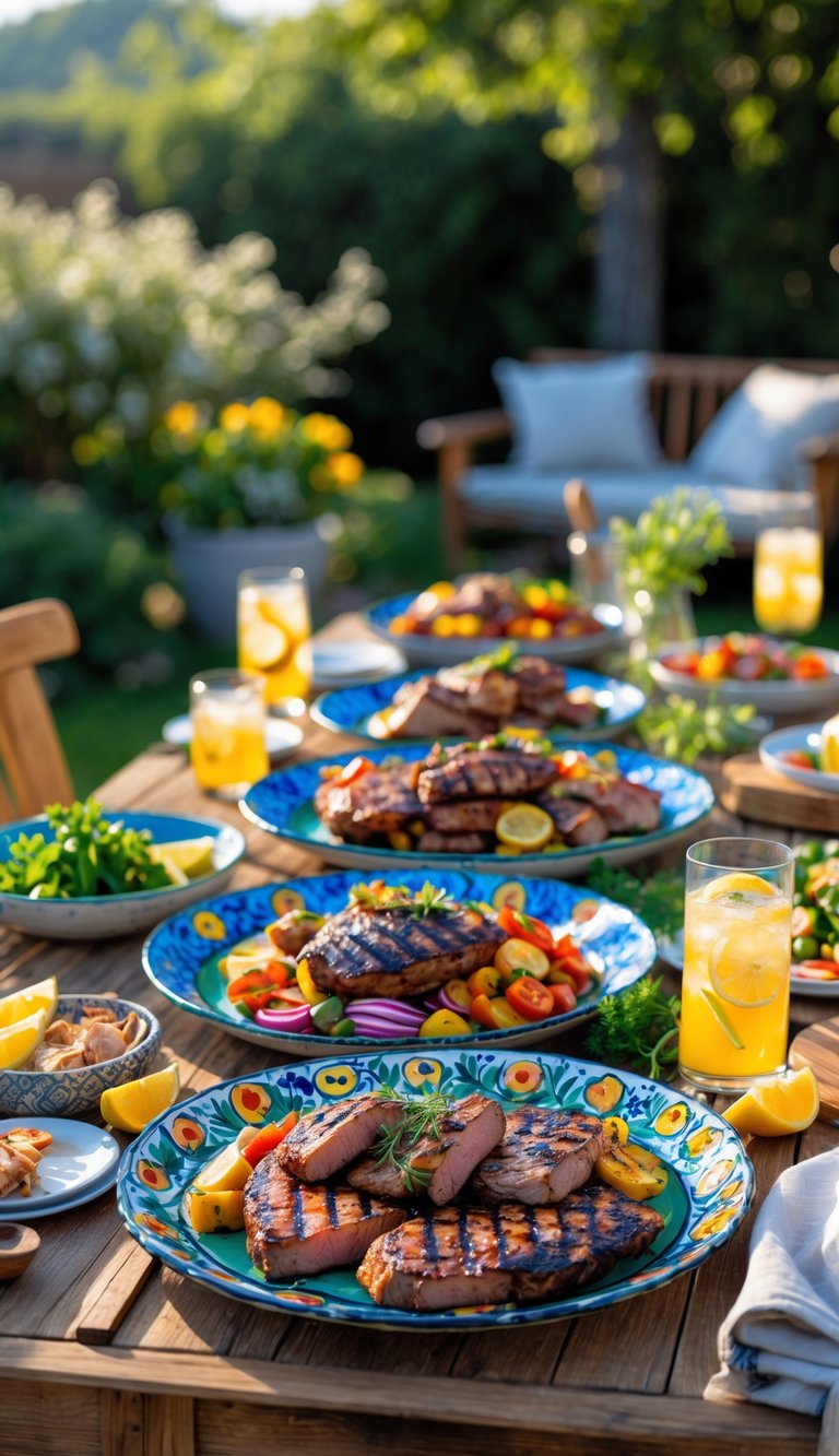 Outdoor BBQ table set with colorful hand-painted ceramic platters filled with grilled meats, vegetables, and sides, surrounded by fresh herbs and drinks.