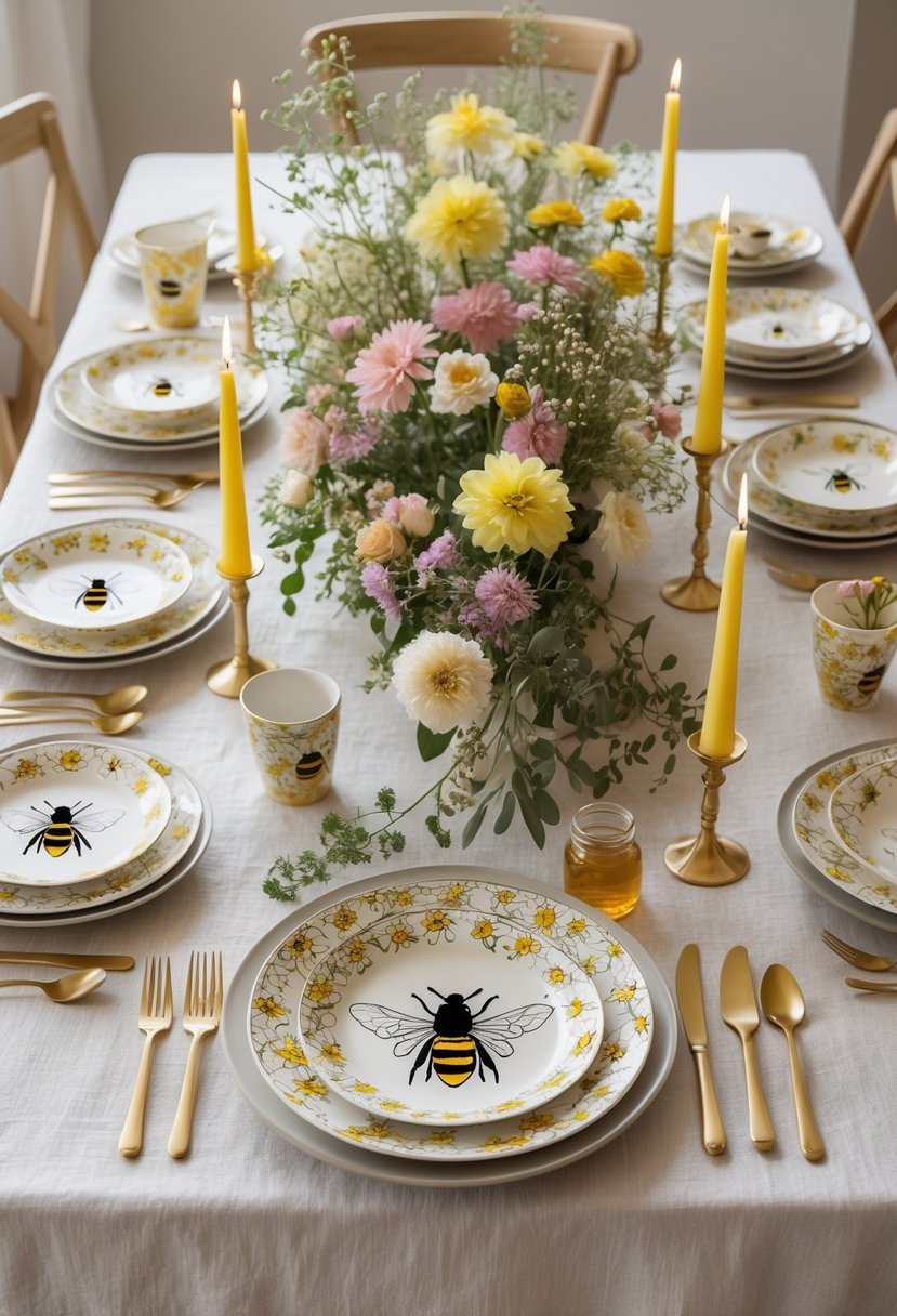 A full view of a table set with bee and floral patterned dishes, fresh wildflowers, candles, and natural greenery on a linen tablecloth.