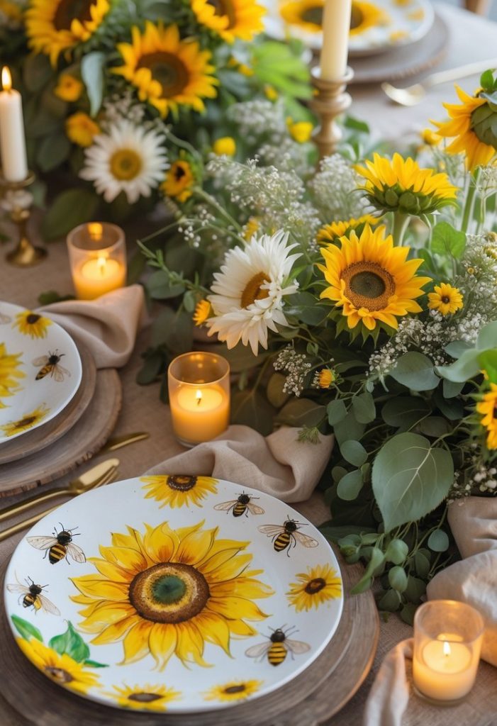 A table set with sunflower and bee-themed plates, surrounded by sunflower arrangements, greenery, and lit candles.