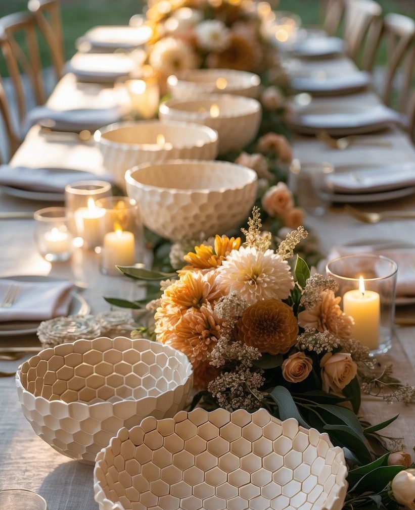 A long dining table set with white plates, honeycomb-patterned bowls, candles, and floral centerpieces in neutral tones.