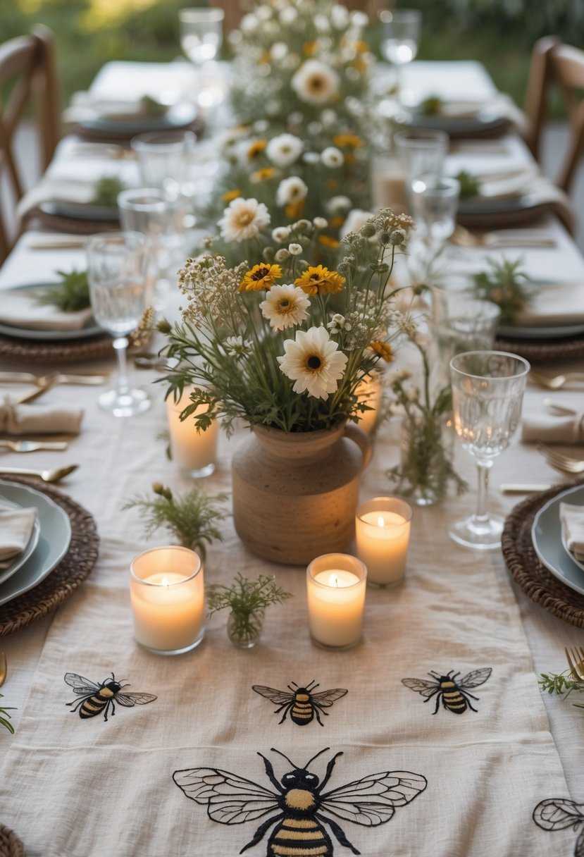 A full view of a dining table set with a bee-patterned linen tablecloth, floral centerpieces, candles, and neatly arranged tableware.