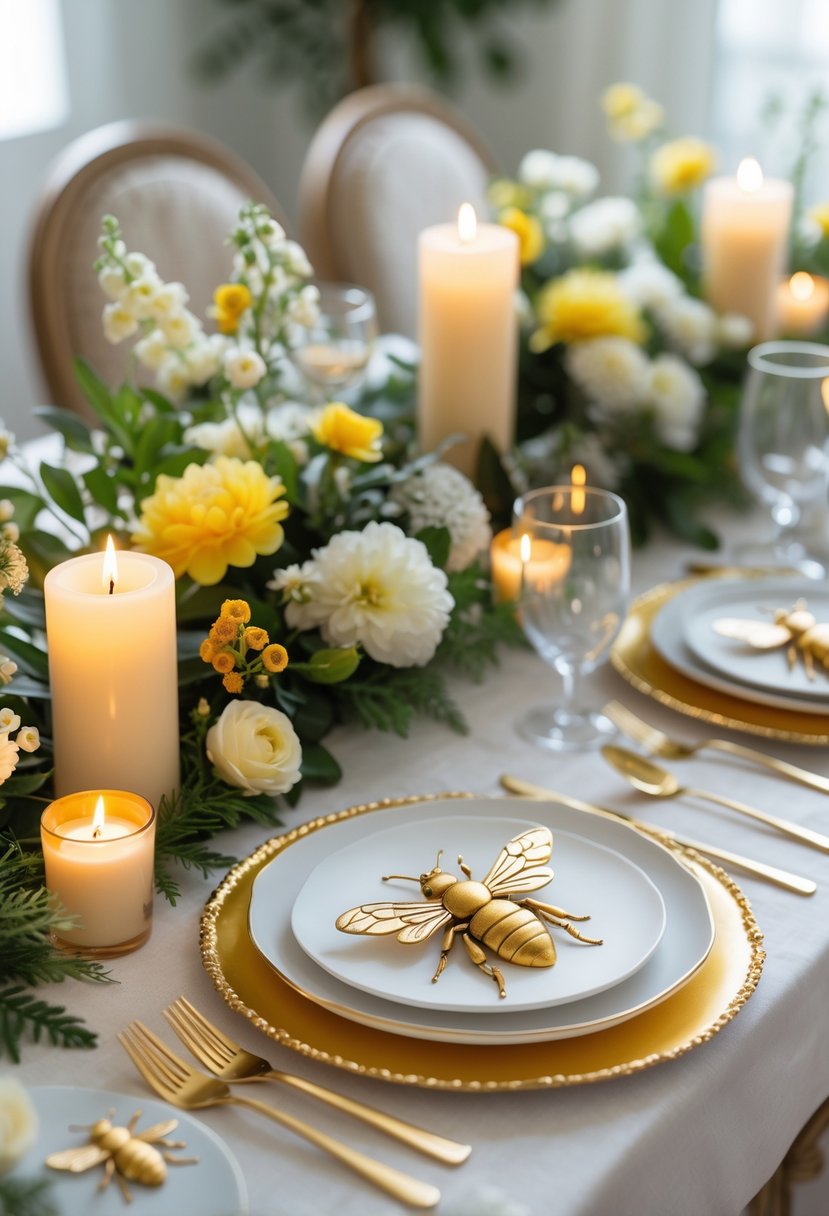 A beautifully arranged dining table with gold bee-themed coasters, floral centerpieces, candles, and elegant place settings.