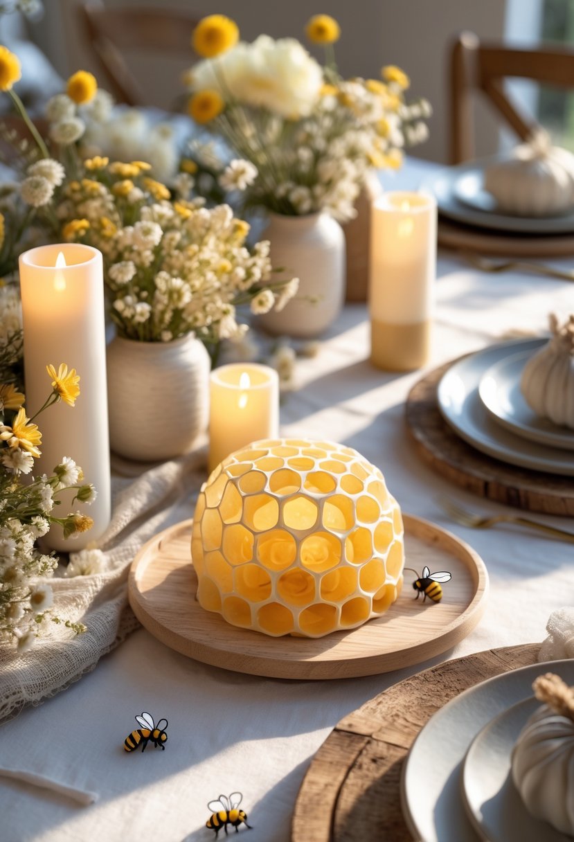 A full view of a decorated table with a honeycomb honey butter dish centerpiece, surrounded by candles, wildflowers, and bee-themed decorations.