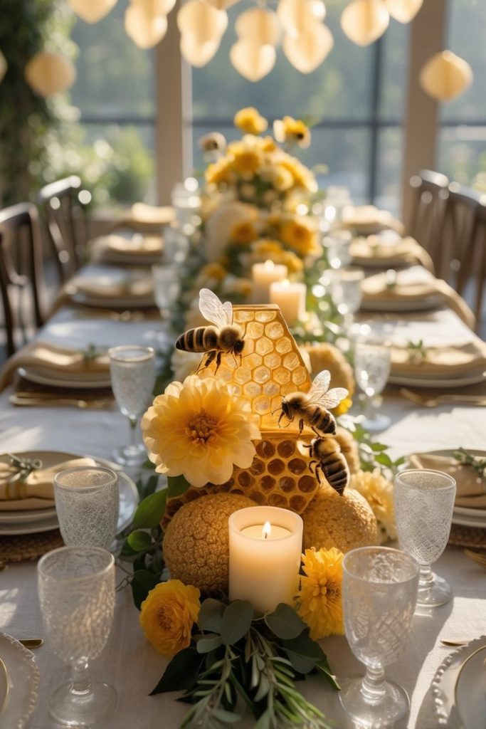 A decorated dining table with bee and honeycomb centerpieces, yellow flowers, candles, and hanging heart-shaped ornaments in a sunlit room.