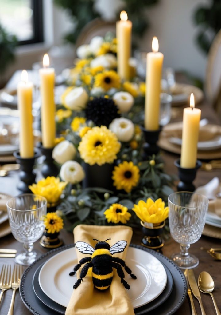 A dining table is decorated with yellow and black flowers, tall yellow candles, gold cutlery, and a plush bee on a yellow napkin atop a place setting.