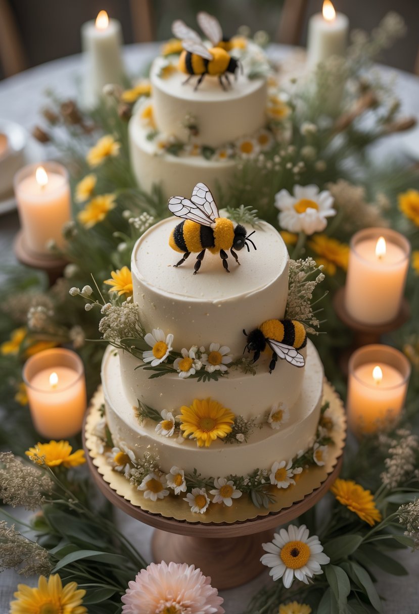 A full table set for an event with a centerpiece featuring cakes decorated with edible flowers and bee motifs, surrounded by candles and floral arrangements.