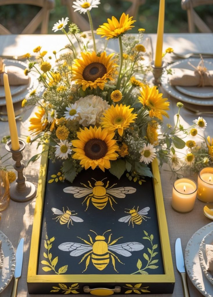 A table centerpiece featuring a floral arrangement with sunflowers and yellow candles, alongside a tray decorated with painted bees and yellow accents.