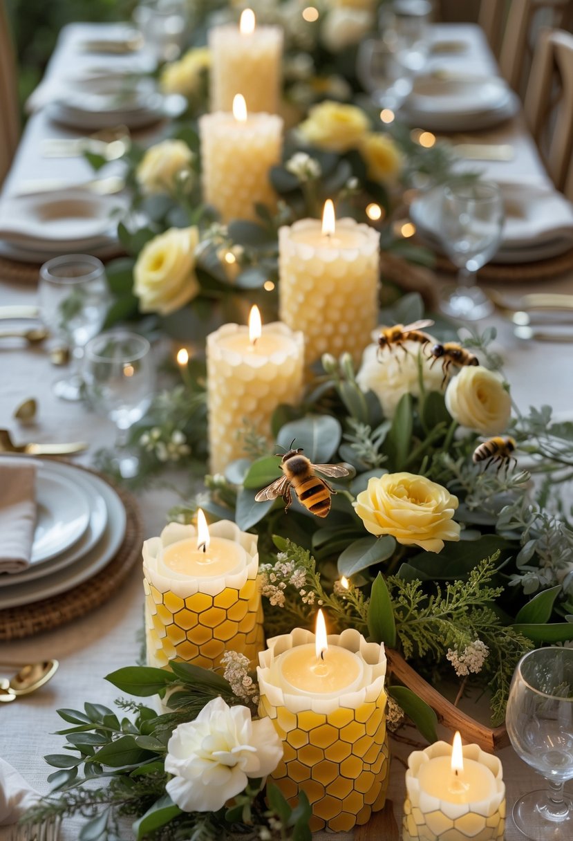 A full table setup with bee-shaped honeycomb candles, fresh flowers, greenery, and elegant tableware arranged for an event.