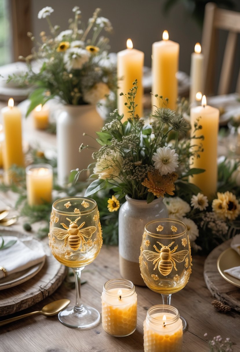 A beautifully arranged dining table with bee-embossed glassware, fresh flowers, and candles, set for a festive event.