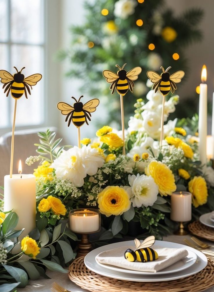 A spring-themed dining table is decorated with yellow and white flowers, bee-shaped decorations, candles, and greenery, with a blurred tree and string lights in the background.