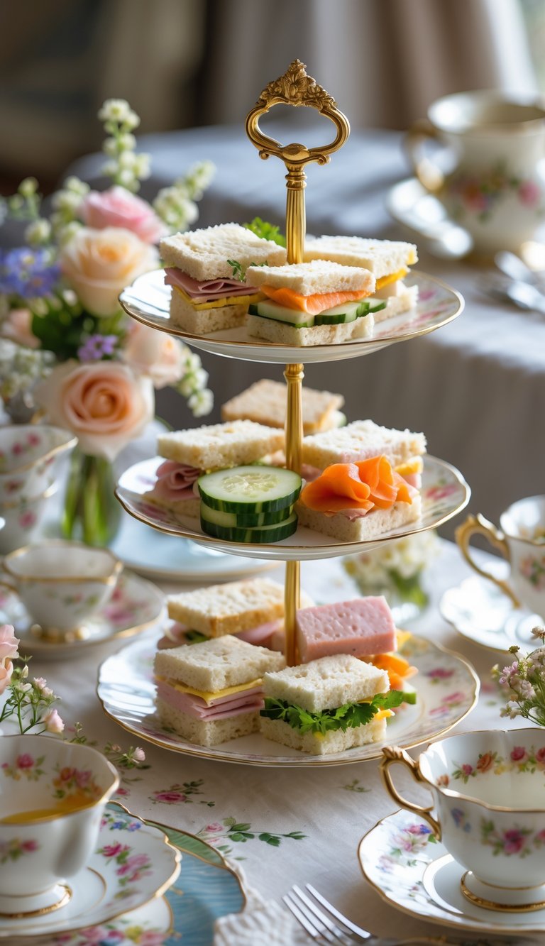 Tiered serving platters filled with assorted finger sandwiches on a decorated tea party table with teacups and flowers.