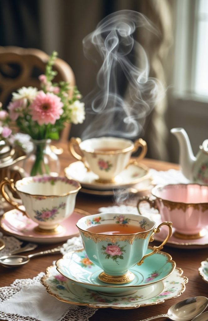 A table set with floral china teacups, saucers, and a teapot, with steam rising from a filled teacup and a vase of fresh flowers in the background.