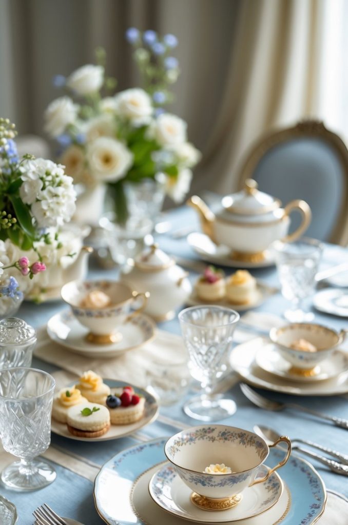 Elegant tea set with gold trim, assorted pastries, and floral arrangements on a blue and white tablecloth in a well-lit dining room.