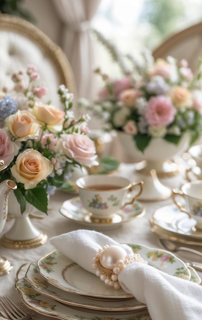 An elegant table setting with floral china, gold-rimmed plates, teacups, a white napkin with a pearl ring, and pastel flower arrangements.