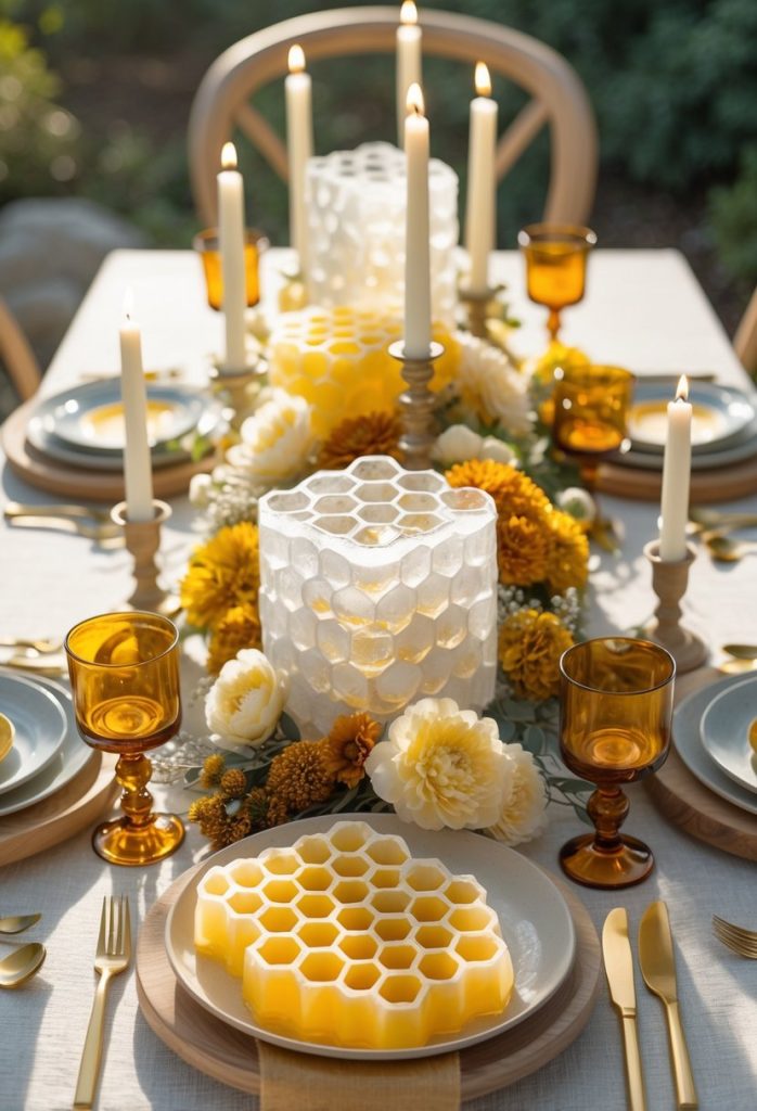 A table set for a meal features honeycomb-shaped cakes, candles, amber glasses, white plates, gold cutlery, and a floral centerpiece with yellow and white flowers.