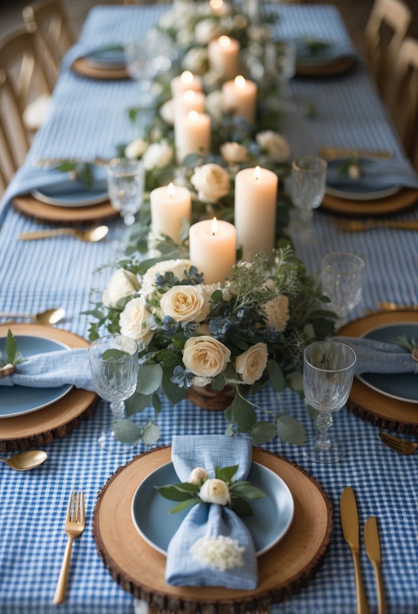 A fully set dining table with a blue gingham tablecloth, rustic wooden chargers, floral centerpieces, and candles under natural light.
