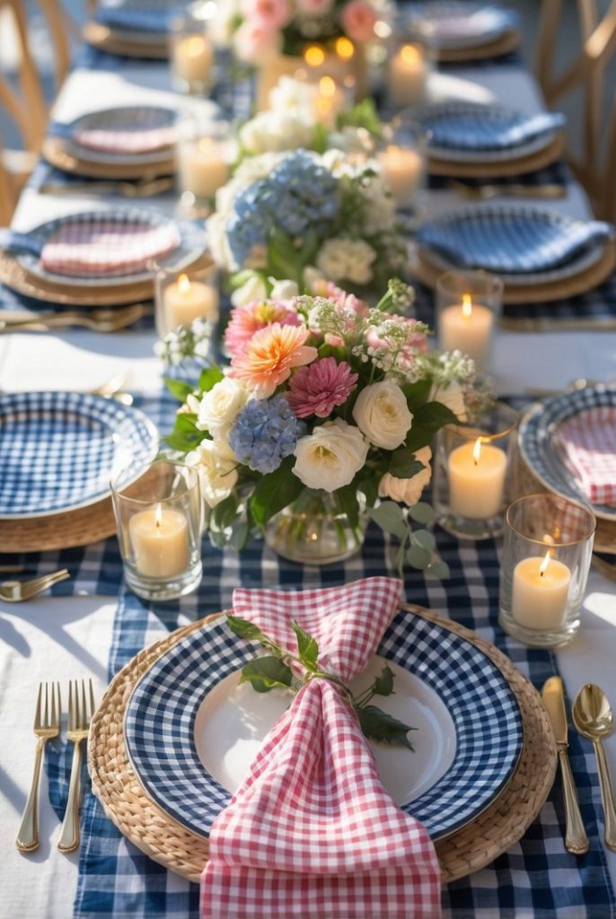 A long dining table set with blue checkered plates, red checkered napkins, floral centerpieces, and lit candles, surrounded by wooden chairs in a bright setting.