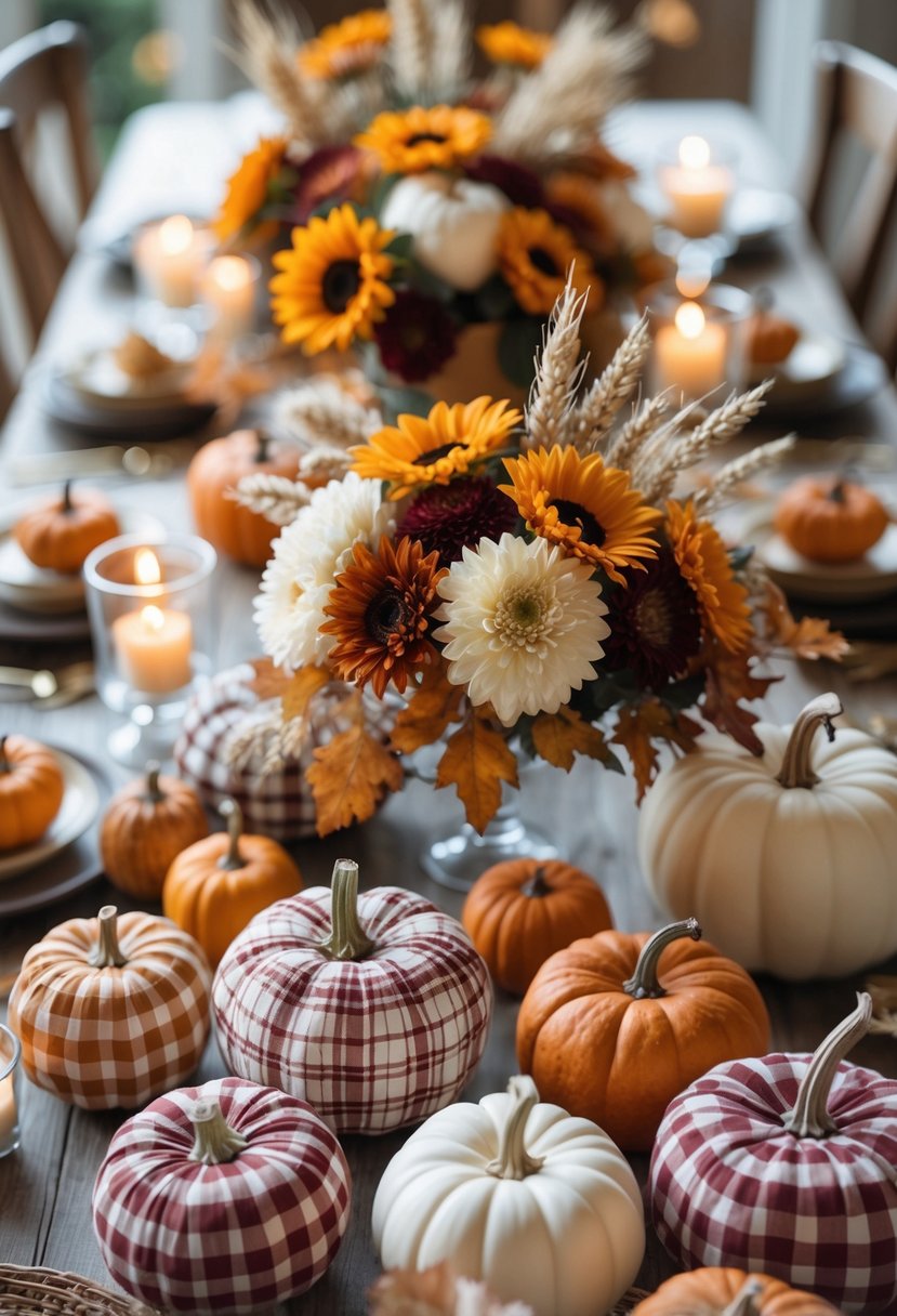 A fall-themed table decorated with gingham mini pumpkins, floral centerpieces, and candles, set for a seasonal gathering.