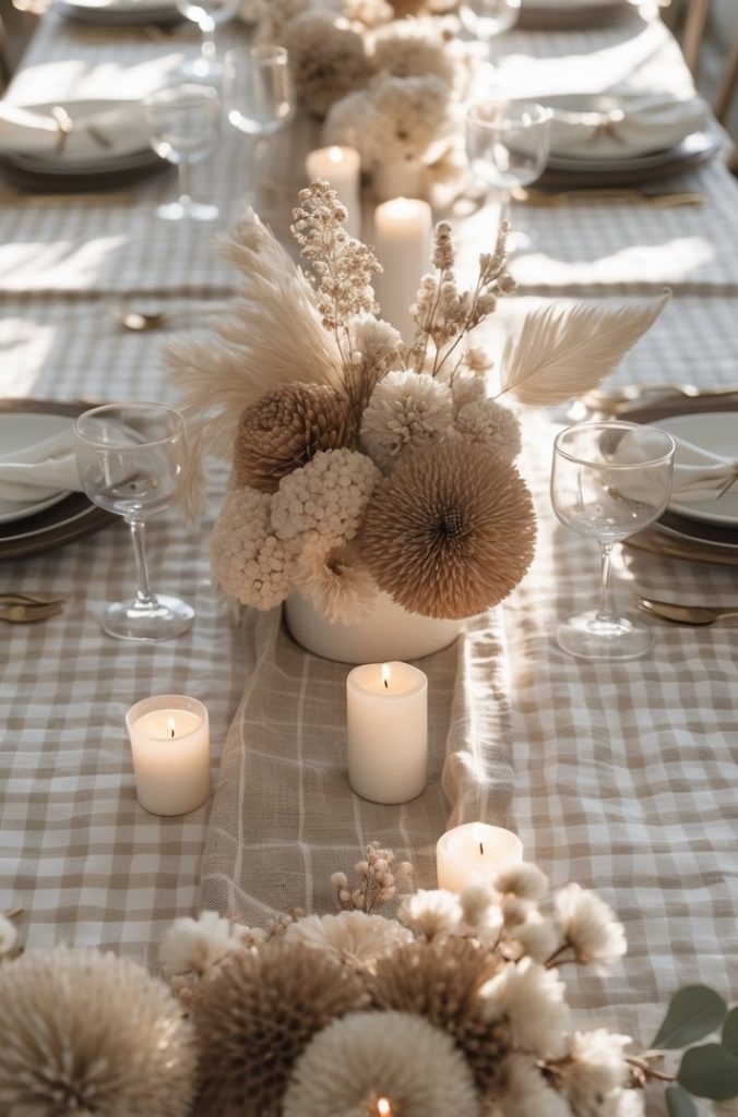 A long dining table set with checkered tablecloth, white plates, gold cutlery, glassware, candles, and neutral-toned dried floral centerpieces.