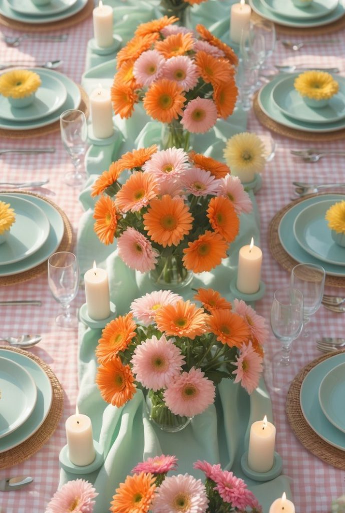 A long table set for a meal with pastel plates, glasses, woven placemats, pink gingham tablecloth, floral centerpieces of daisies, and white candles arranged in a row.