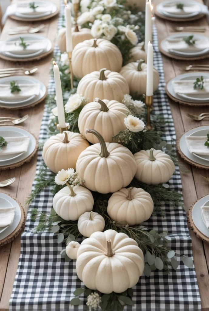 A wooden dining table set for a meal features white plates, beige napkins with greenery, and a centerpiece of white pumpkins, candles, and flowers on a black-and-white checkered runner.