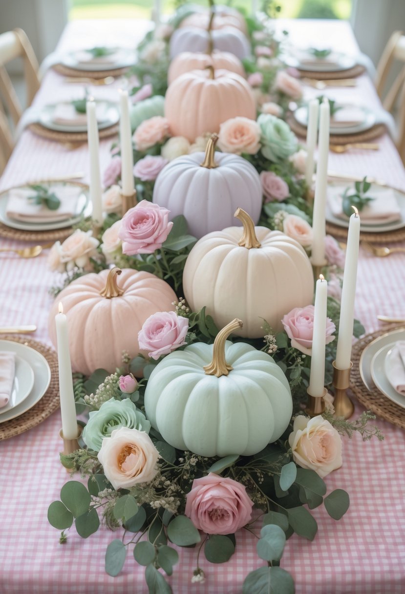 A full view of a table set with a pink gingham tablecloth, pastel painted pumpkins, floral arrangements, and candles.