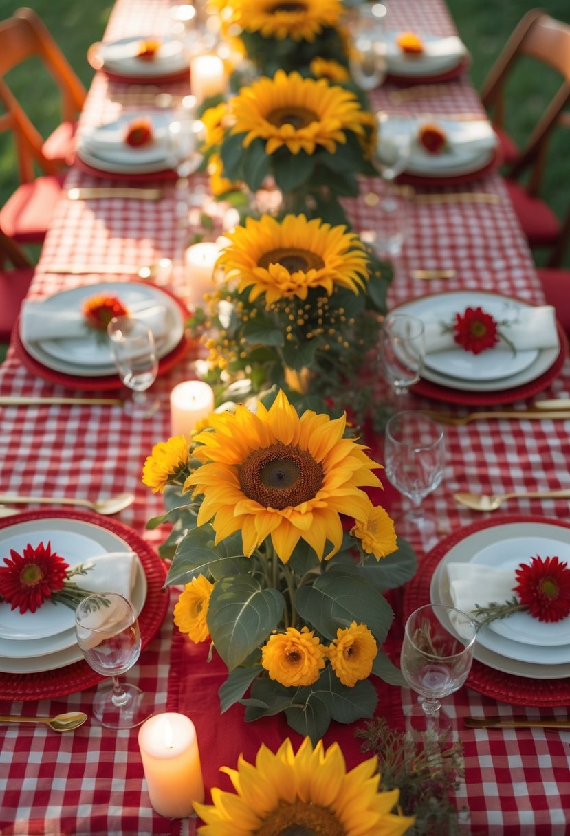 A full table setup with red gingham tablecloth, sunflower centerpieces, candles, plates, and glassware under natural light.