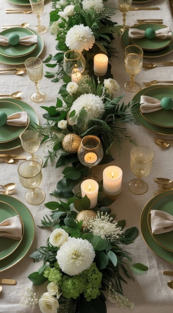 Elegant table set with green plates, gold cutlery, beige napkins, floral centerpieces, greenery, and lit candles arranged along a cream-colored tablecloth.