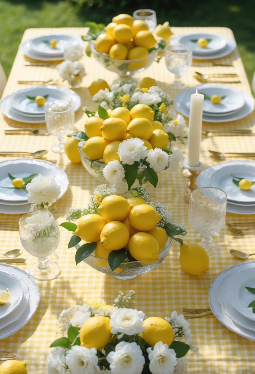 A summer brunch table set outdoors with a yellow gingham tablecloth, fresh lemons, white and yellow flowers, white candles, and neatly arranged plates and glassware.