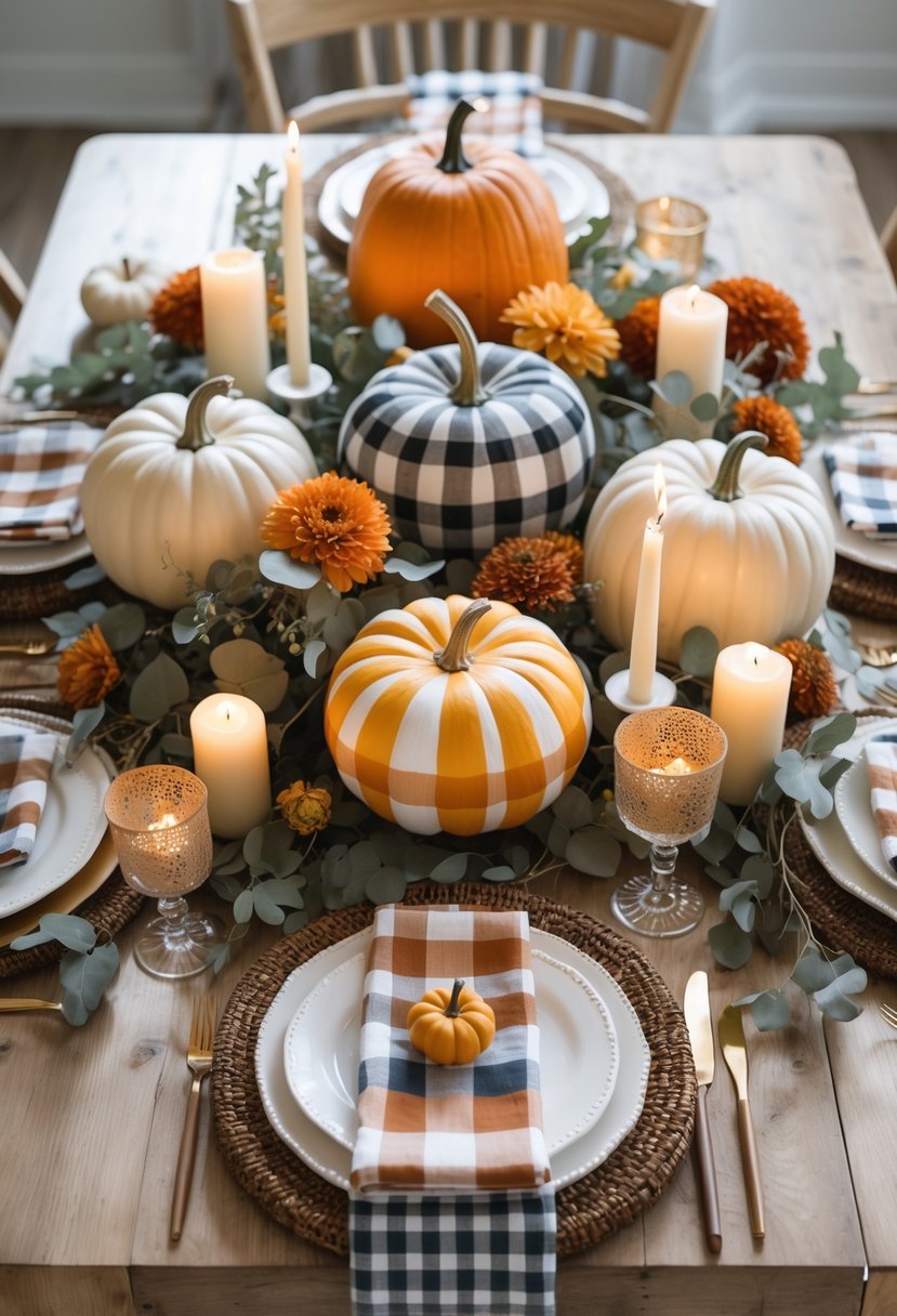 A fall-themed dining table set with painted gingham pumpkins, candles, and autumn flowers arranged as a centerpiece, surrounded by gingham-patterned table linens and place settings.