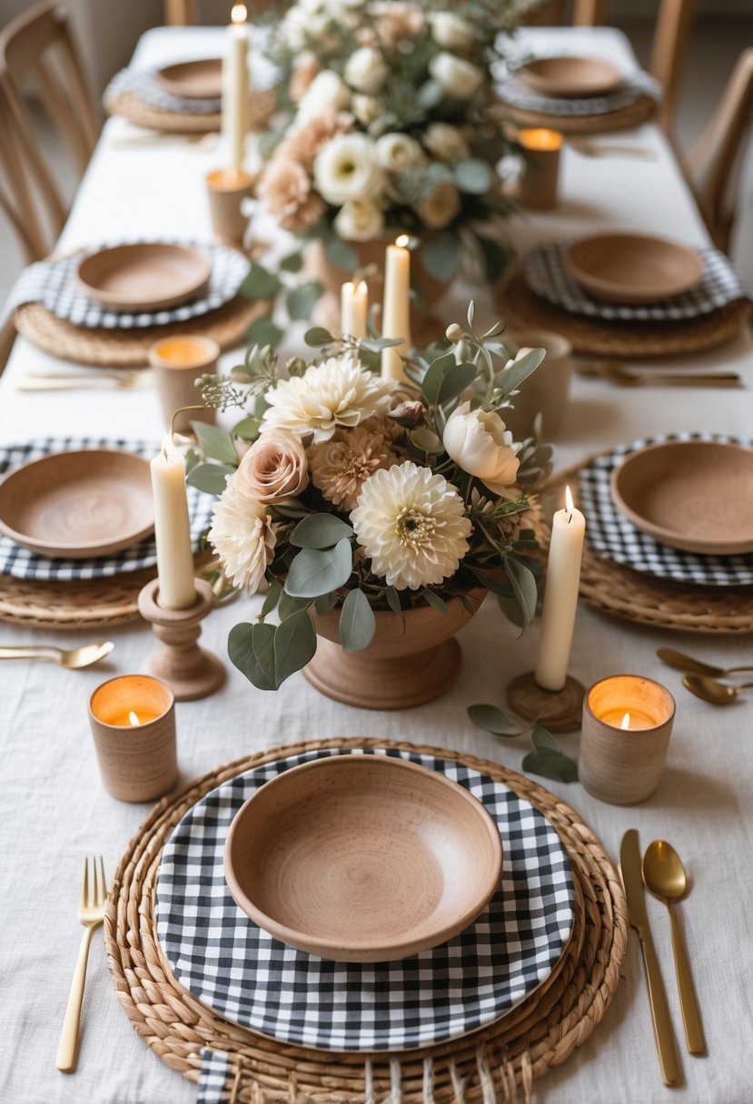 A full table setup with gingham placemats layered under rustic ceramic bowls, surrounded by floral centerpieces and candles.