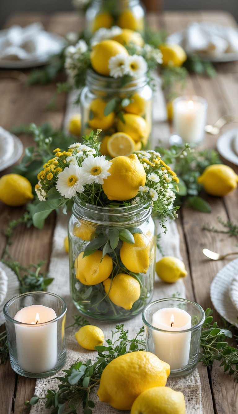 A rustic wooden table set with mason jar vases filled with lemons and greenery, surrounded by white candles and small floral arrangements.