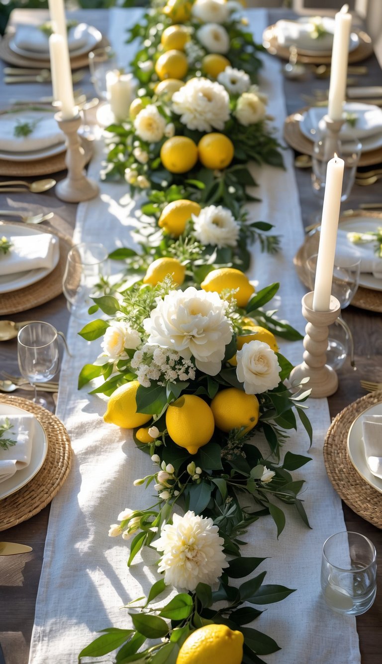 A full table set with a lemon and white linen runner, decorated with yellow lemons, white flowers, candles, and greenery under natural light.