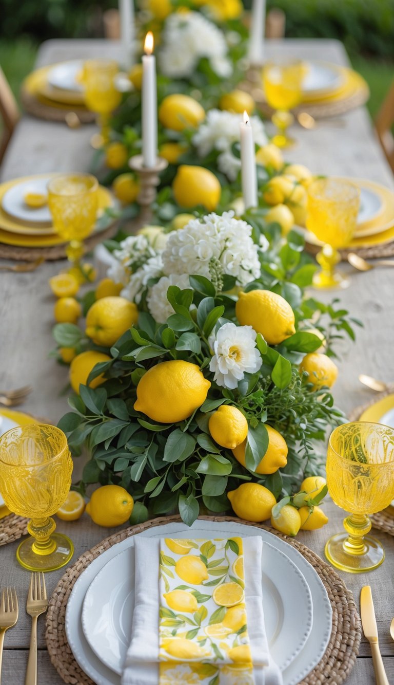 A full table set with yellow glassware, lemon-themed decorations, candles, and floral centerpieces.