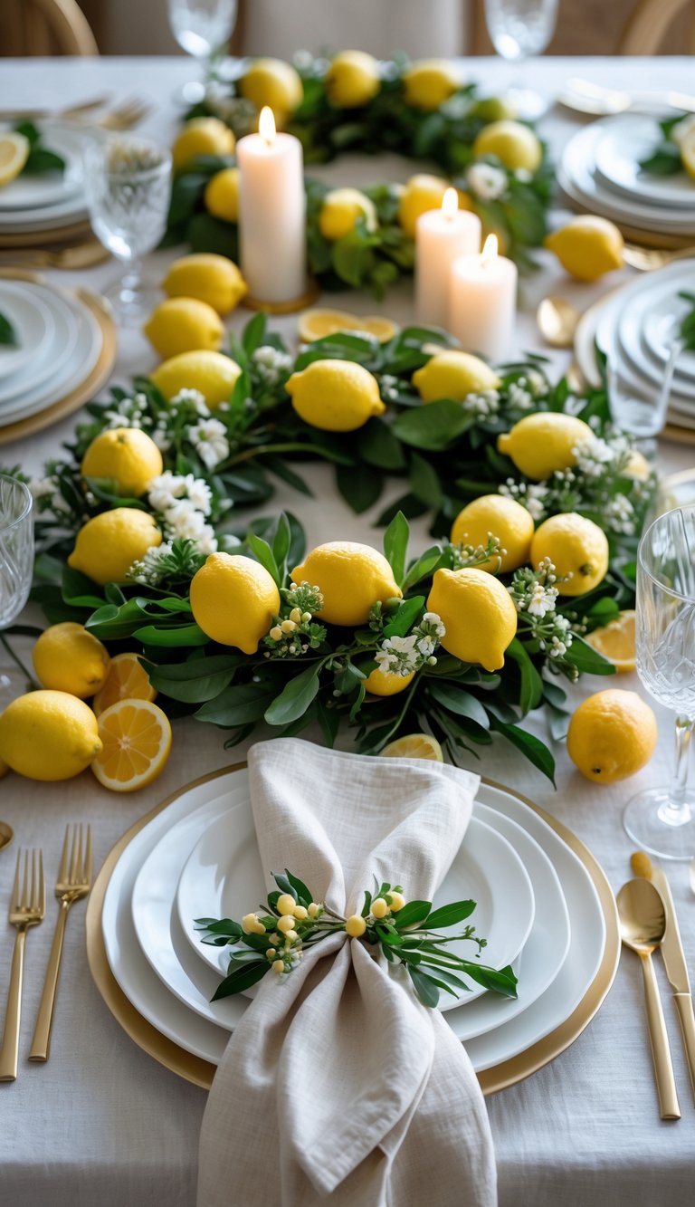 A full view of a table set for a holiday event with lemon wreath napkin holders, floral centerpieces, candles, plates, and glassware arranged neatly.