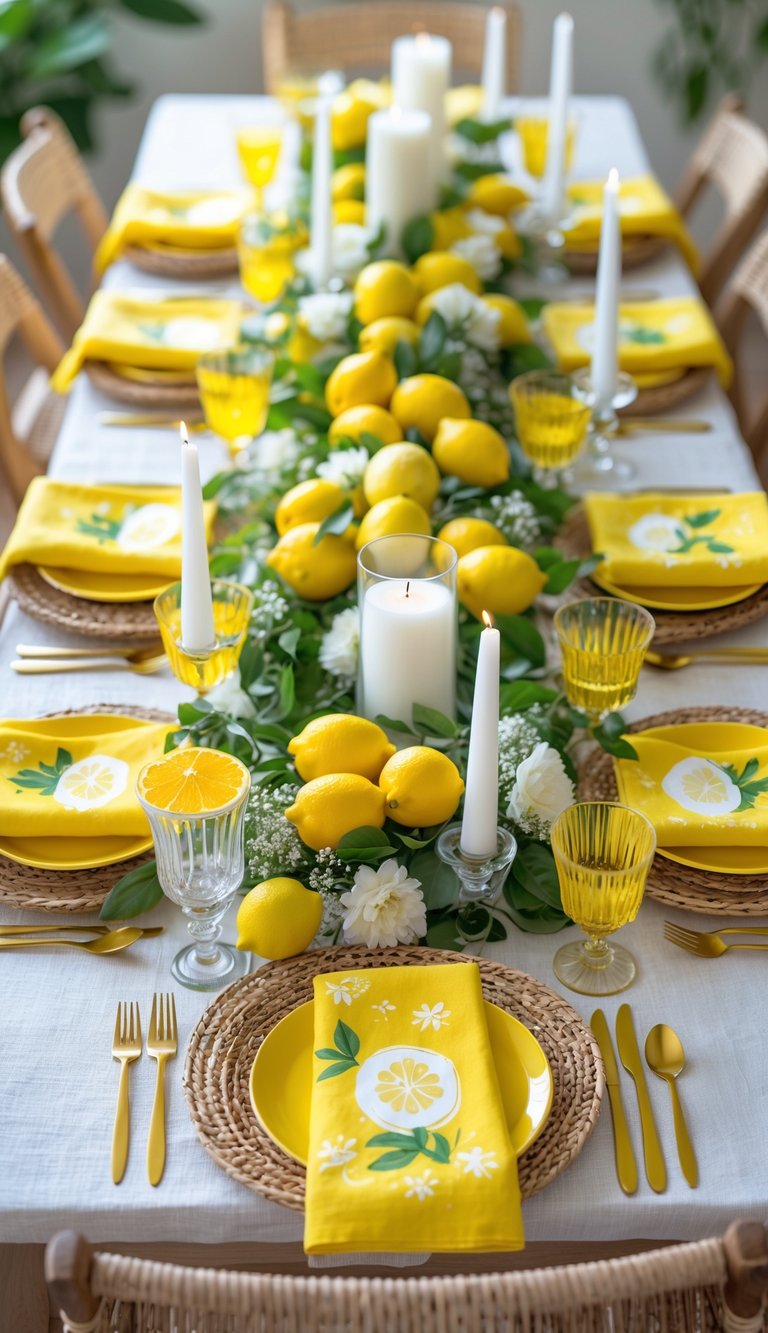 A full view of a table set with bright yellow folded napkins with lemon details, lemon and floral centerpieces, and lit candles.