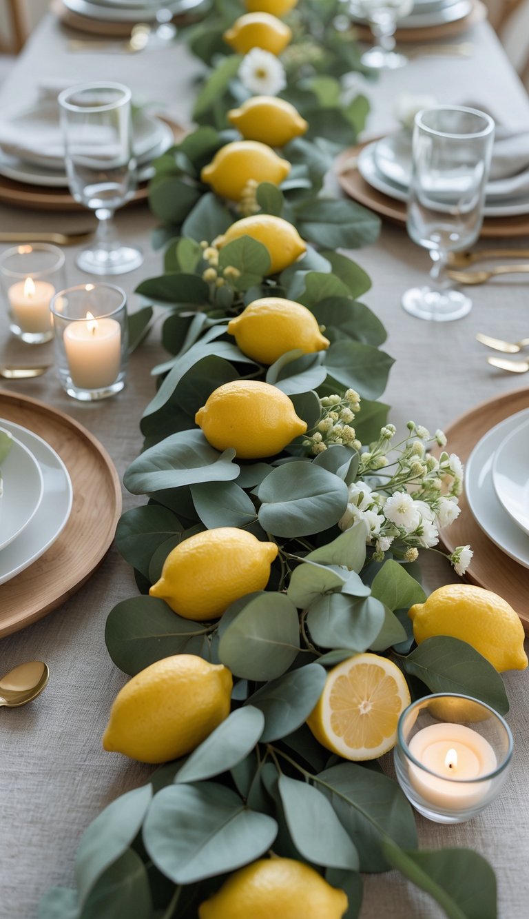 A full view of a table decorated with a lemon and eucalyptus garland, candles, and floral arrangements.