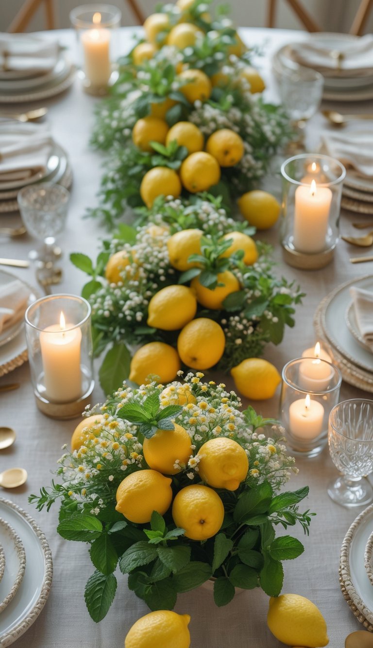 A full table set with lemon and mint small flower bouquets, candles, and tableware arranged for a festive event.