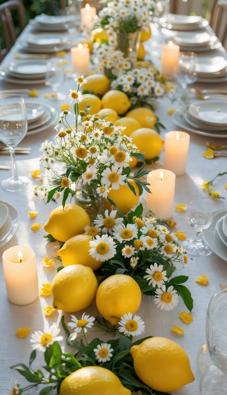 A full table set with lemon and chamomile floral centerpieces, candles, glassware, and white plates under natural light.