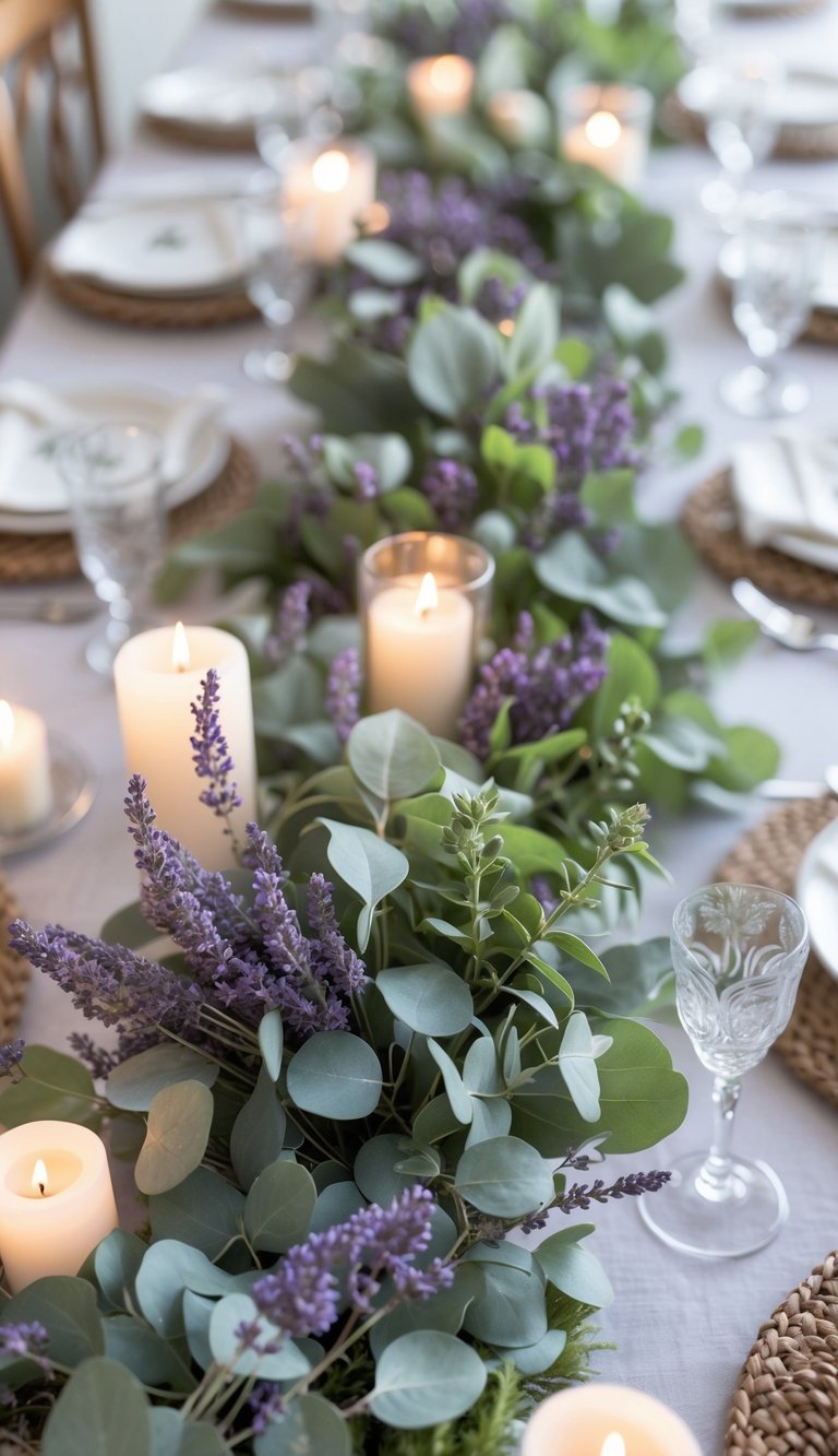 A holiday event table set with eucalyptus and lavender centerpieces, candles, and elegant tableware under natural light.