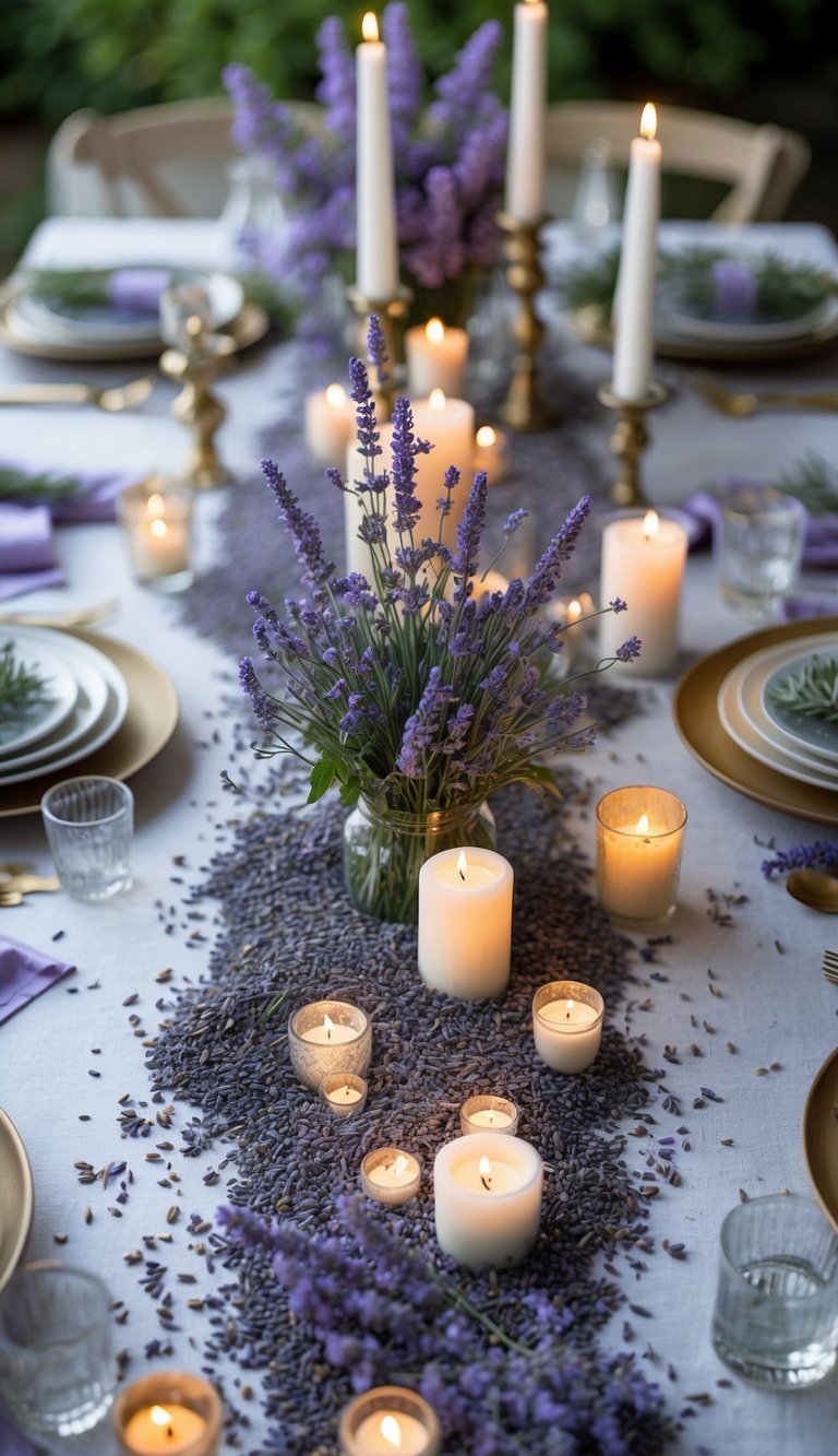 A beautifully arranged table with dried lavender buds scattered across it, surrounded by candles and fresh lavender floral centerpieces.