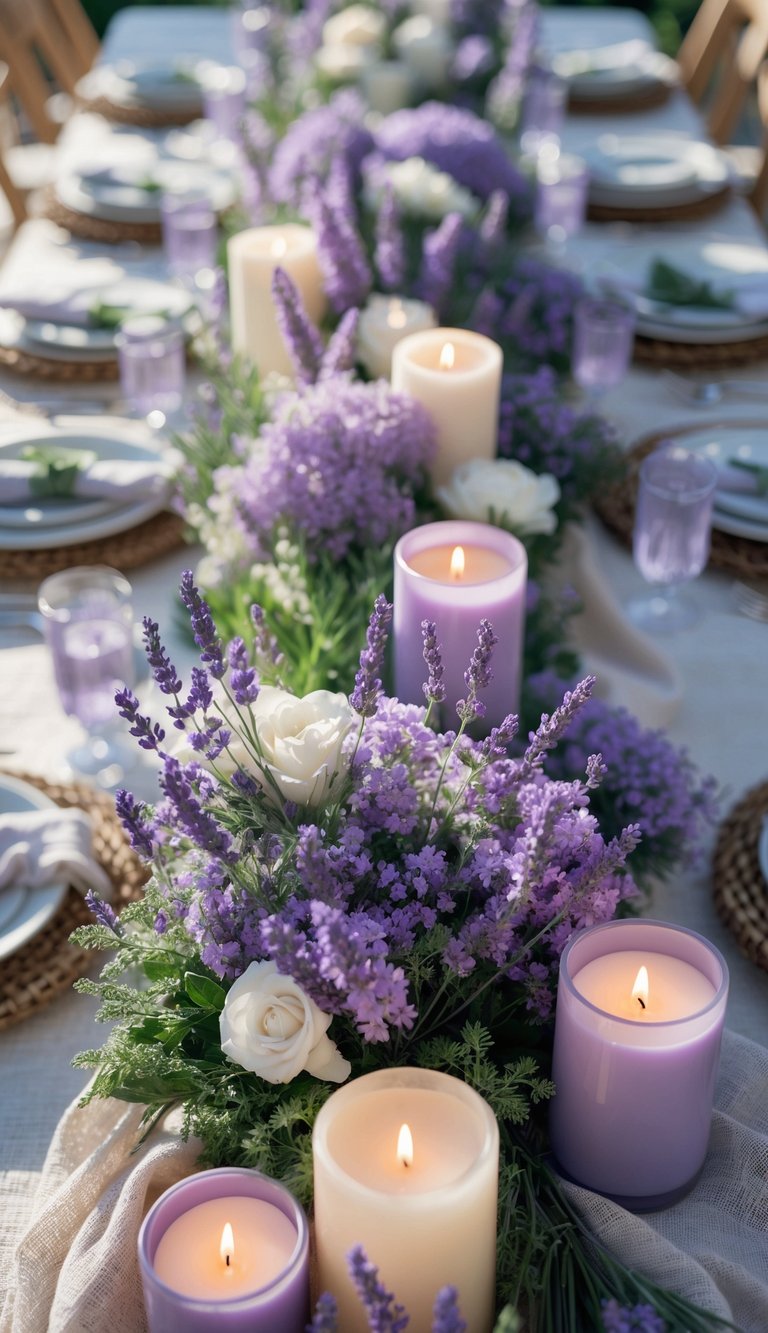 A full view of a table set with lavender flowers and lit candles arranged as a centerpiece for an event or holiday.
