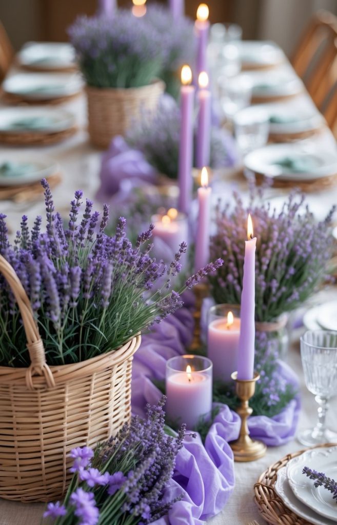 A dining table decorated with lavender flowers, purple candles, woven baskets, and lavender-colored fabric, set for a meal with plates and glasses.
