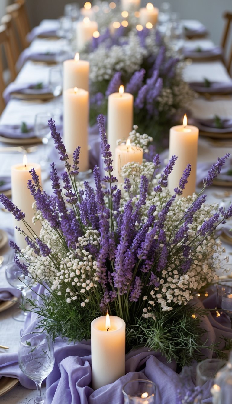 A full view of a table set with lavender and white baby's breath floral centerpieces, surrounded by candles and simple tableware.